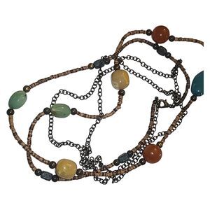 Vintage Boho Coconut Shell & Multi-color Acrylic Bead Station Necklace 32"‎